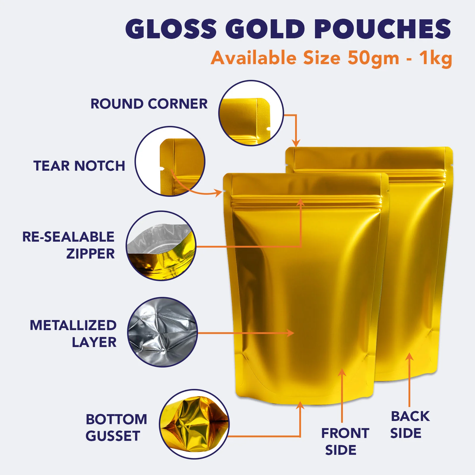 Both Side Gloss Gold Stand Up Zipper Pouch - Image 4